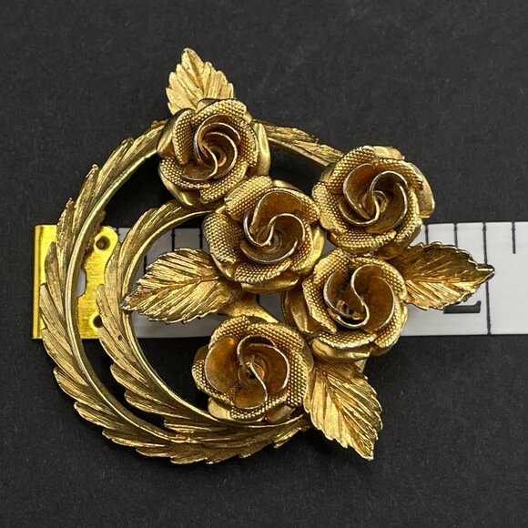 Vintage Coro Signed Rose Flower Brooch Shiny Gold-Tone Pin Jewelry Bling Texture - Picture 10 of 10